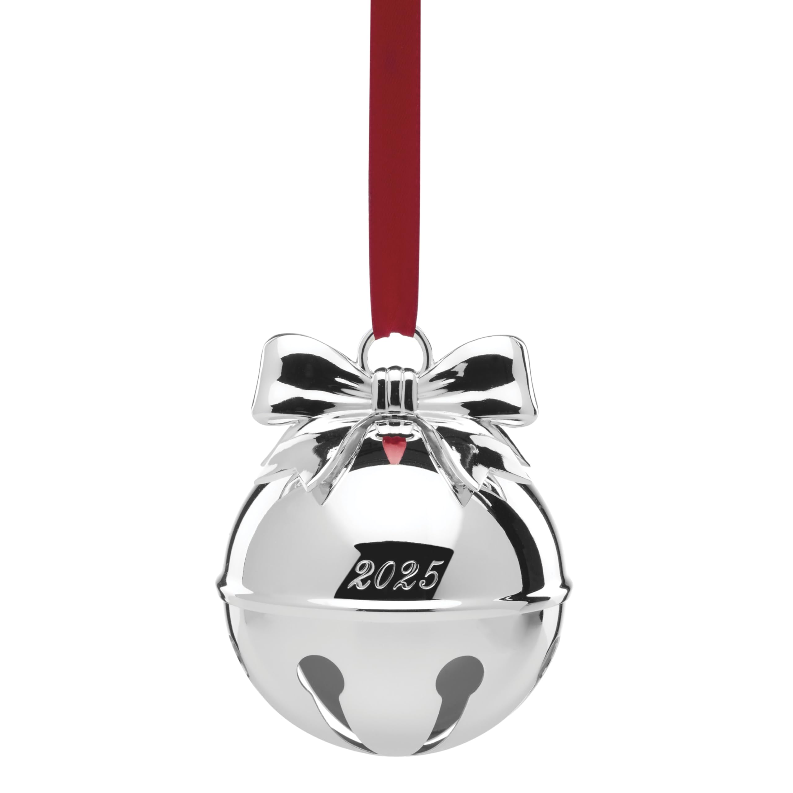 Lenox silverplate bell ornament front view showing polished shine and hanging ribbon