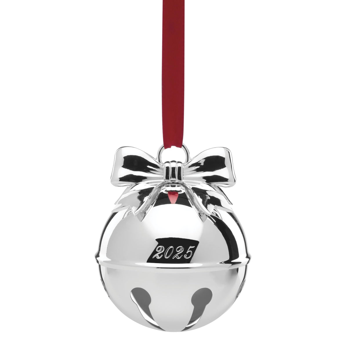 Lenox silverplate bell ornament front view showing polished shine and hanging ribbon