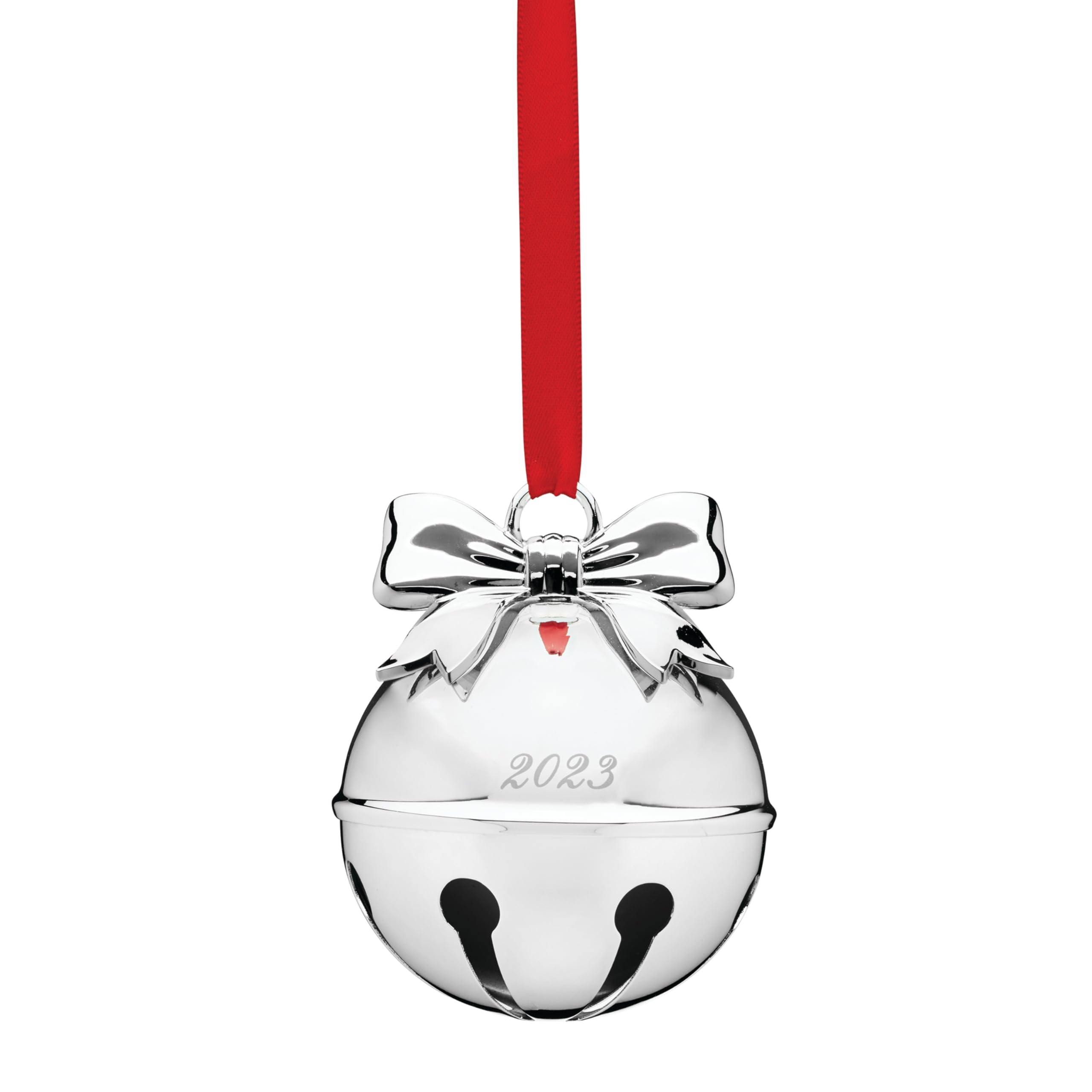 Lenox silver 2023 bell ornament front view showing engraved year and festive ribbon