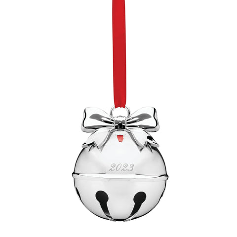 Lenox silver 2023 bell ornament front view showing engraved year and festive ribbon
