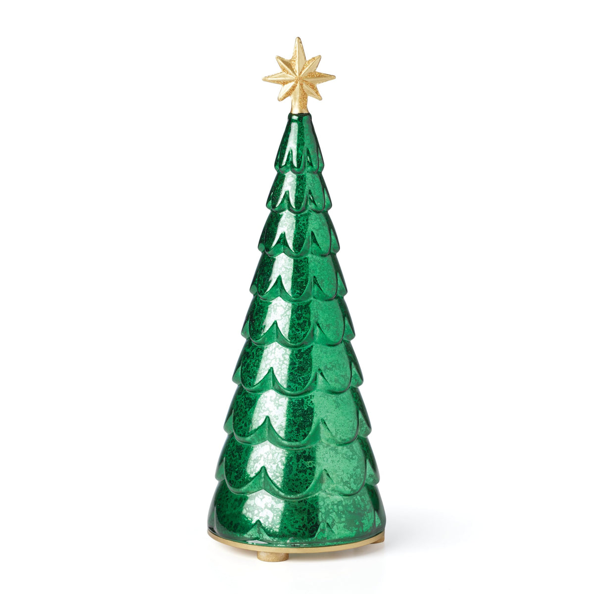 Lenox mercury glass tree front view showing reflective finish and warm glow for festive ambiance
