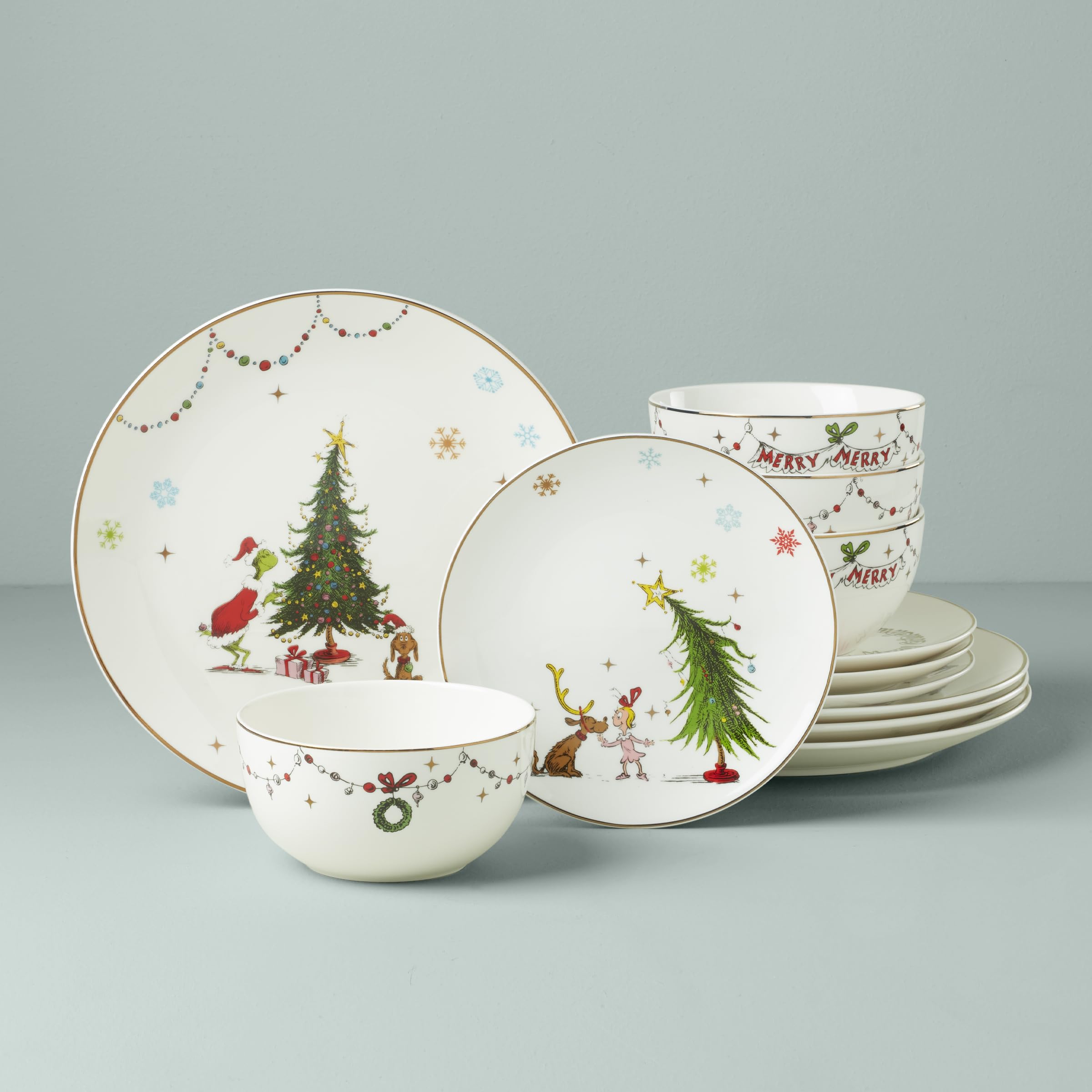 Lenox Merry Grinchmas close-up of Grinch artwork and porcelain gloss, shows detailed print