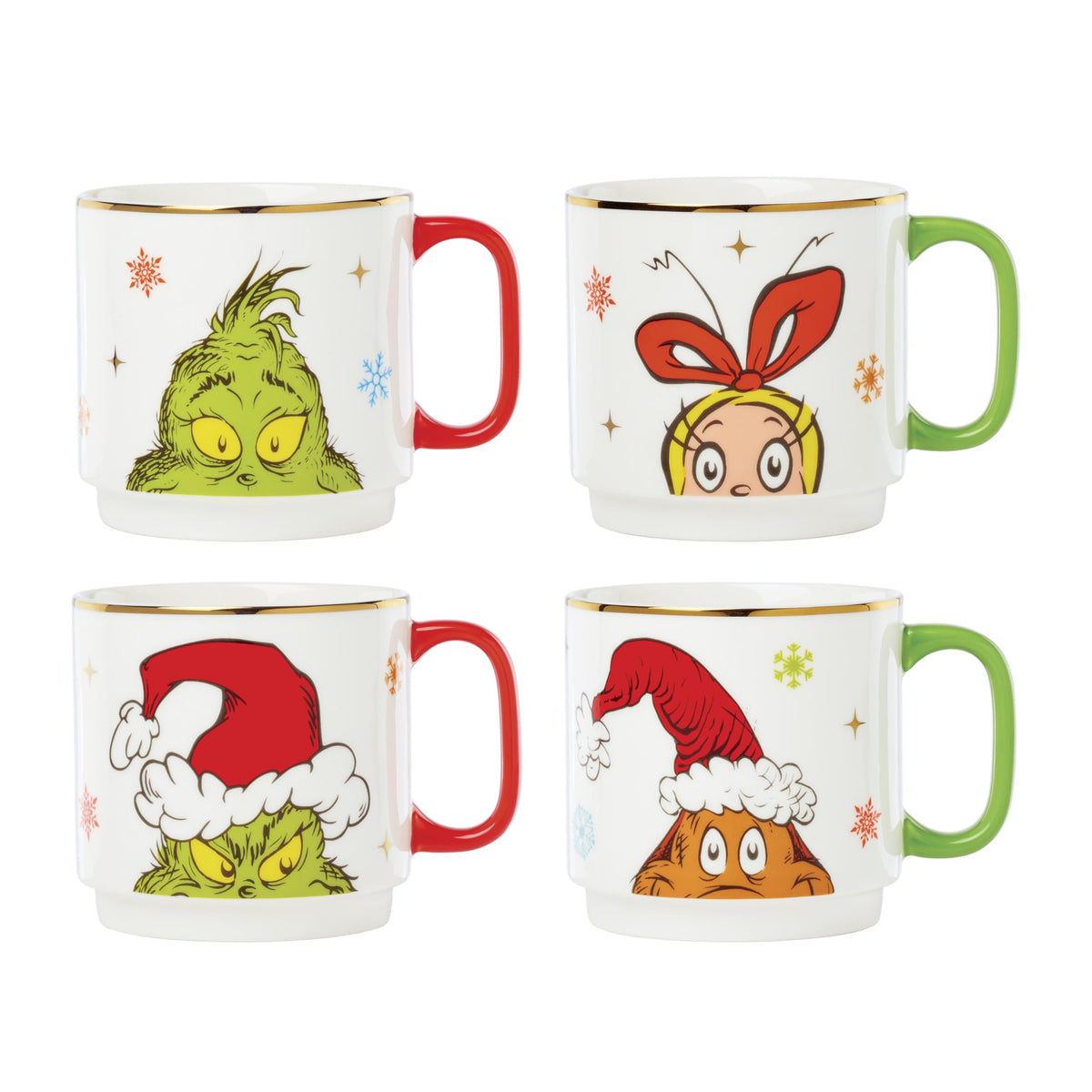 Lenox Merry Grinchmas front view showing four festive mug faces, cheerful holiday display benefit