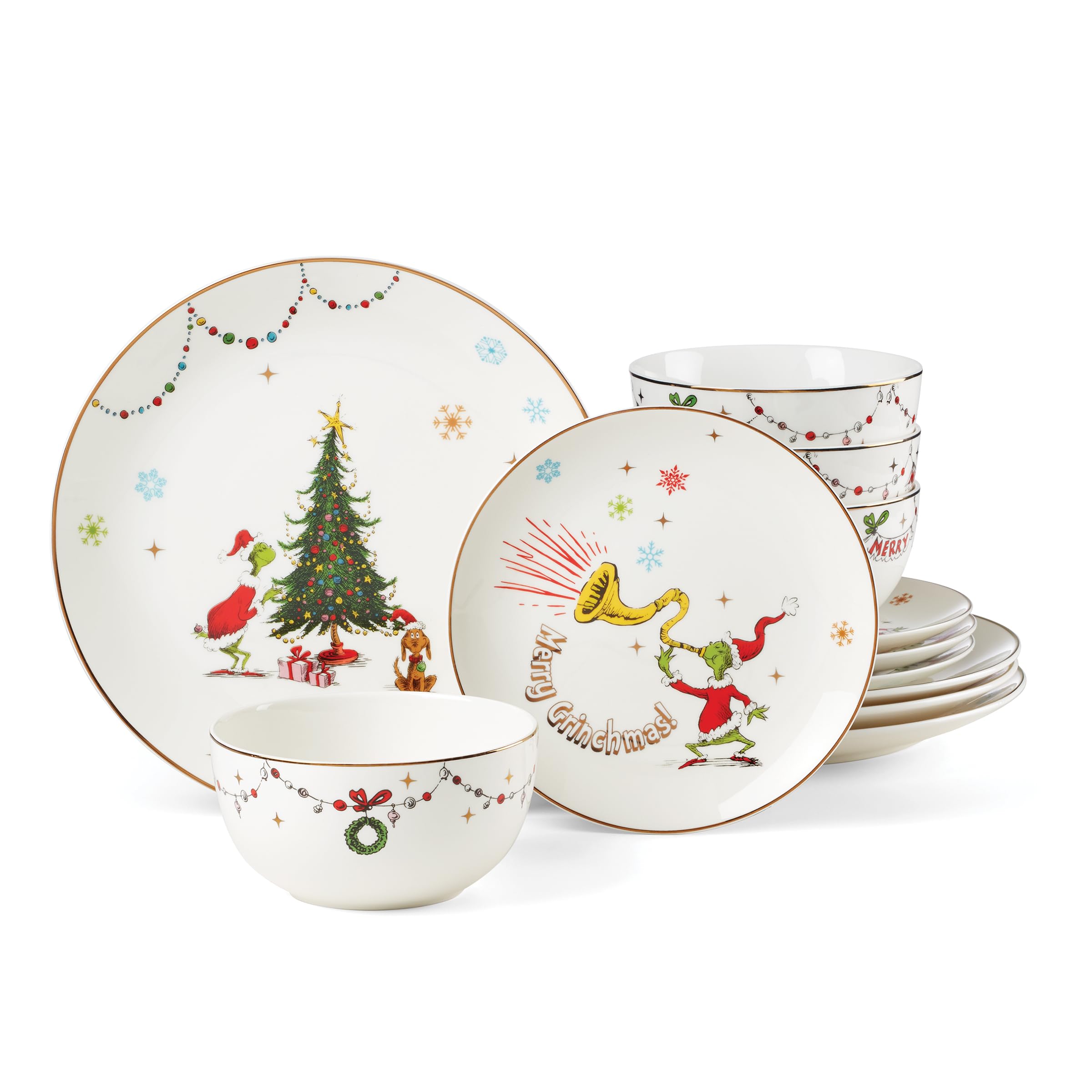 Lenox Merry Grinchmas front view showing full plate and bowl set, bright festive appeal