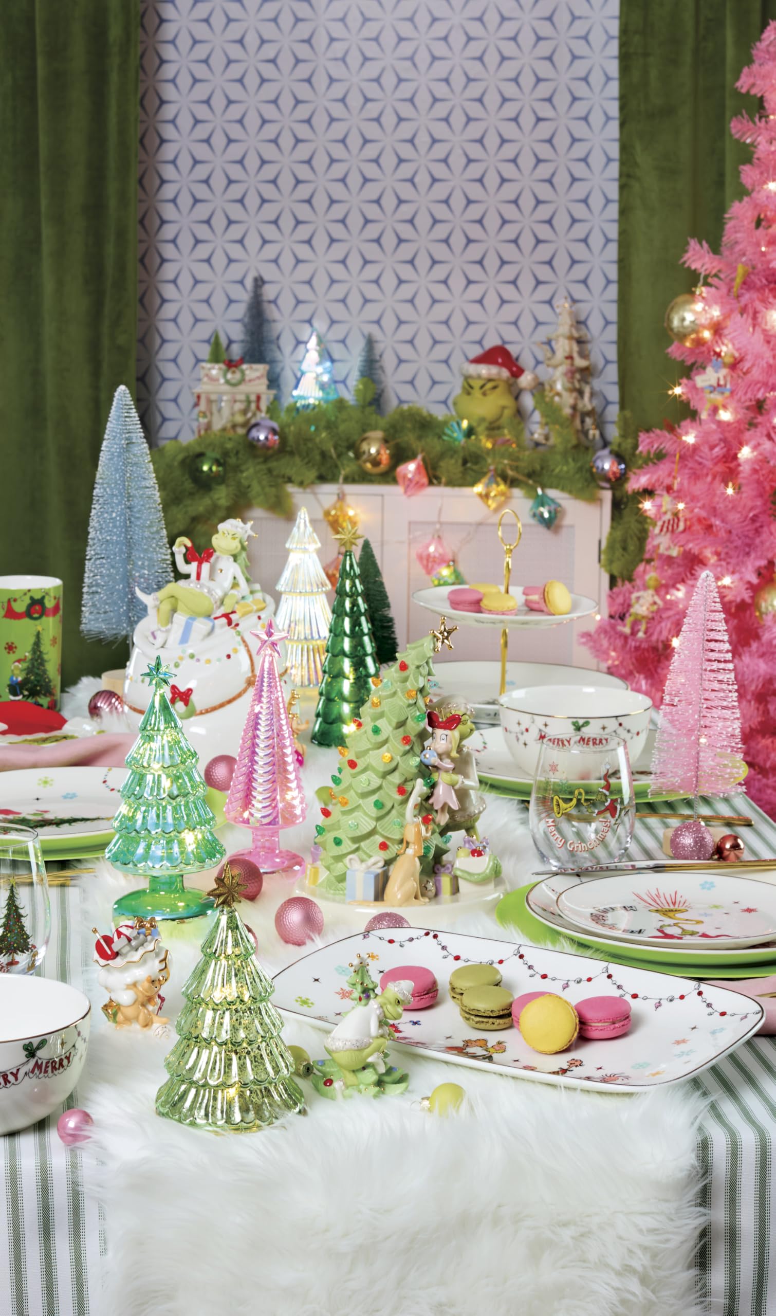 Lenox Merry Grinchmas on holiday table styled with decor for cheerful presentation