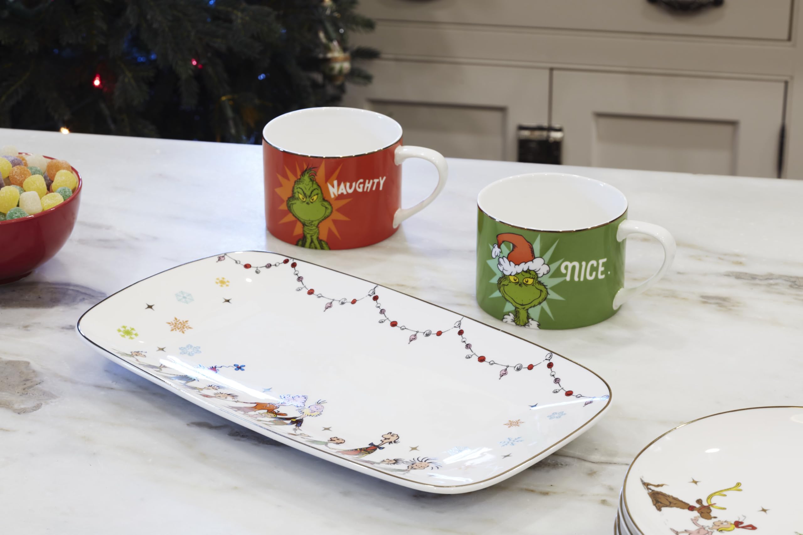 Lenox Merry Grinchmas beside fork for scale demonstrating compact serving size