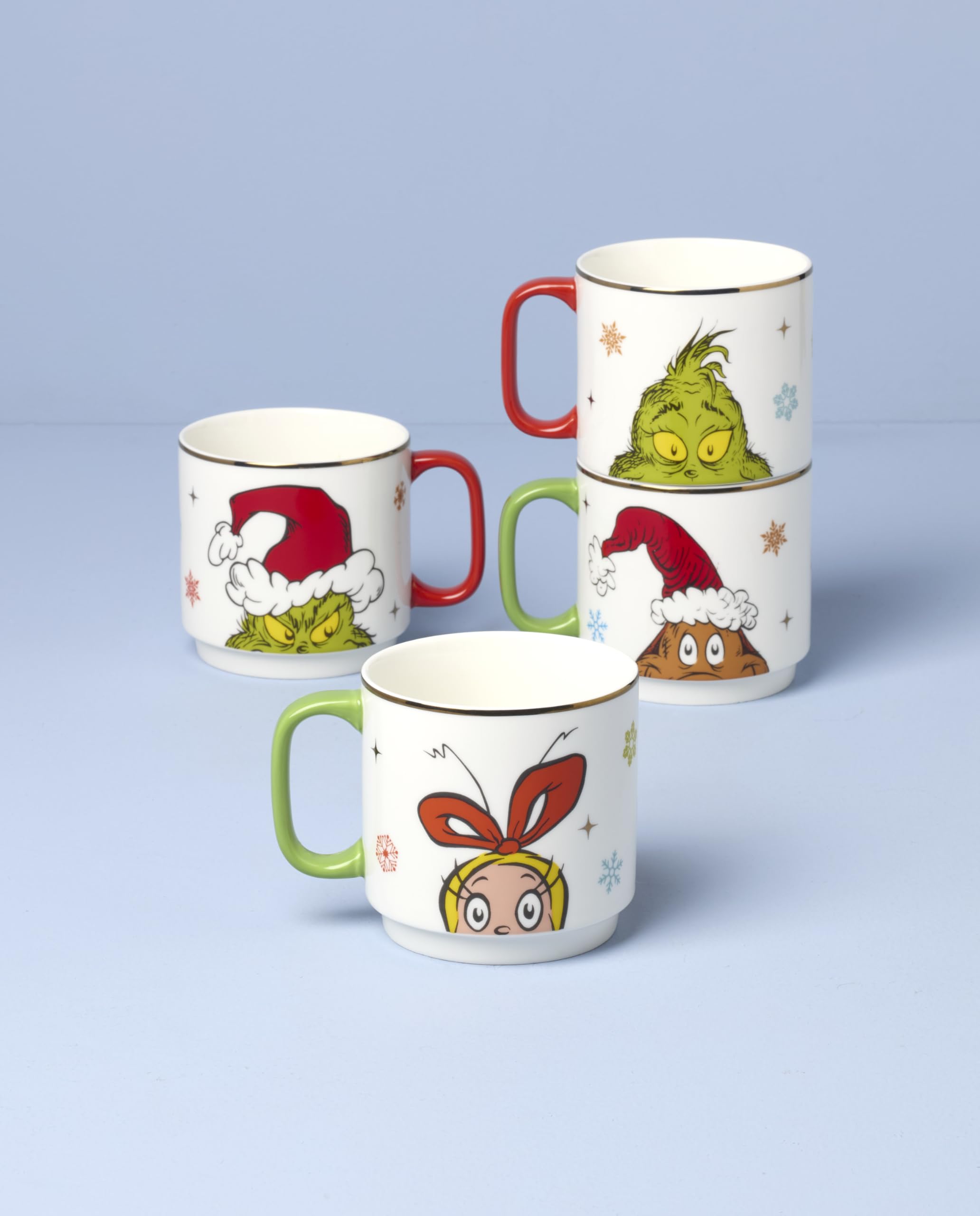 Lenox Merry Grinchmas stacked mugs demonstrating compact storage, space-saving benefit