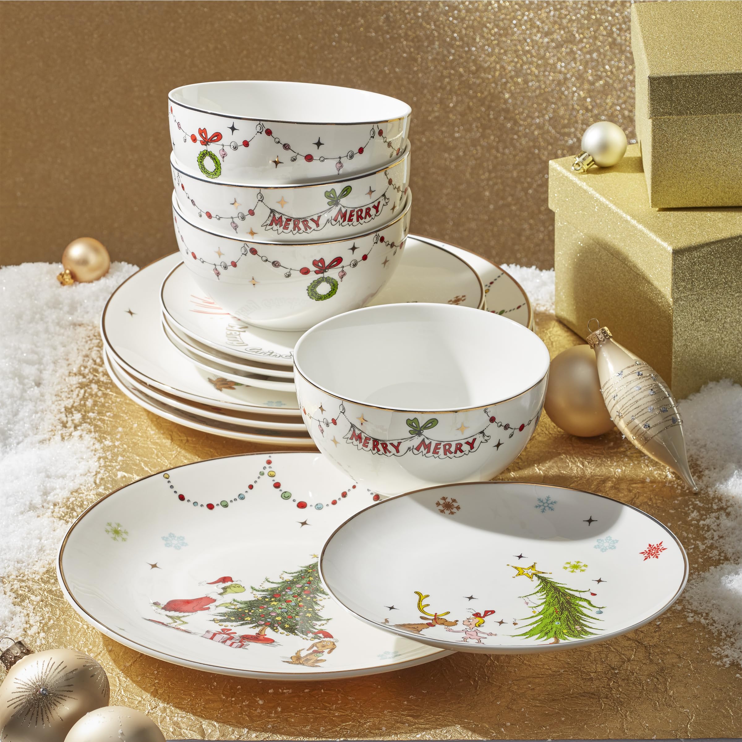 Lenox Merry Grinchmas styled table setting with linens, demonstrates festive serving use