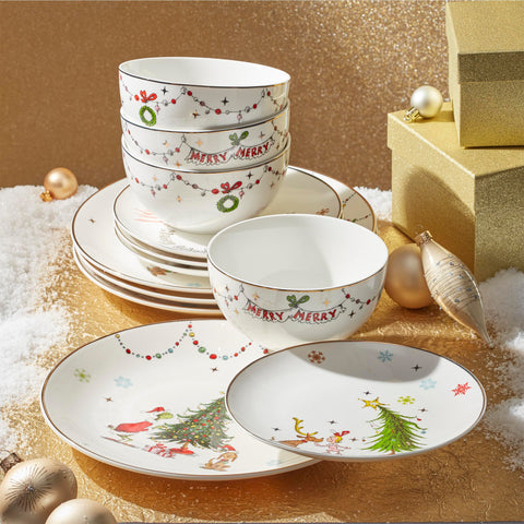 Lenox Merry Grinchmas styled table setting with linens, demonstrates festive serving use