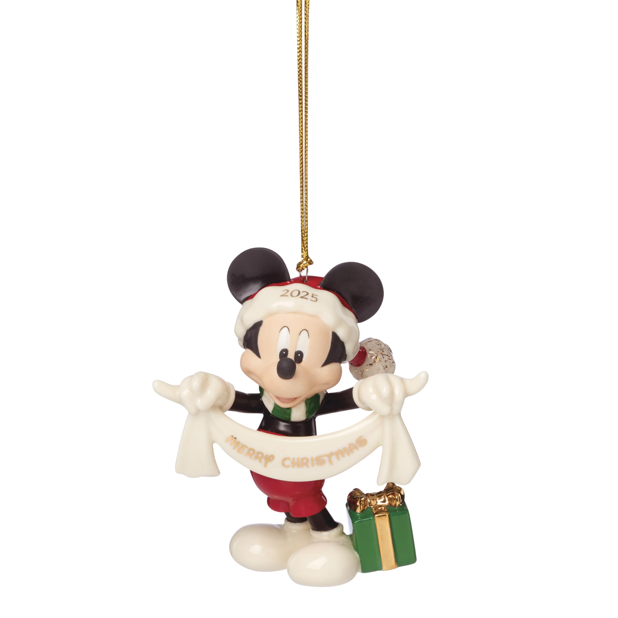 Lenox Mickey Mouse front view showing festive gift and gold cord benefit: easy hanging
