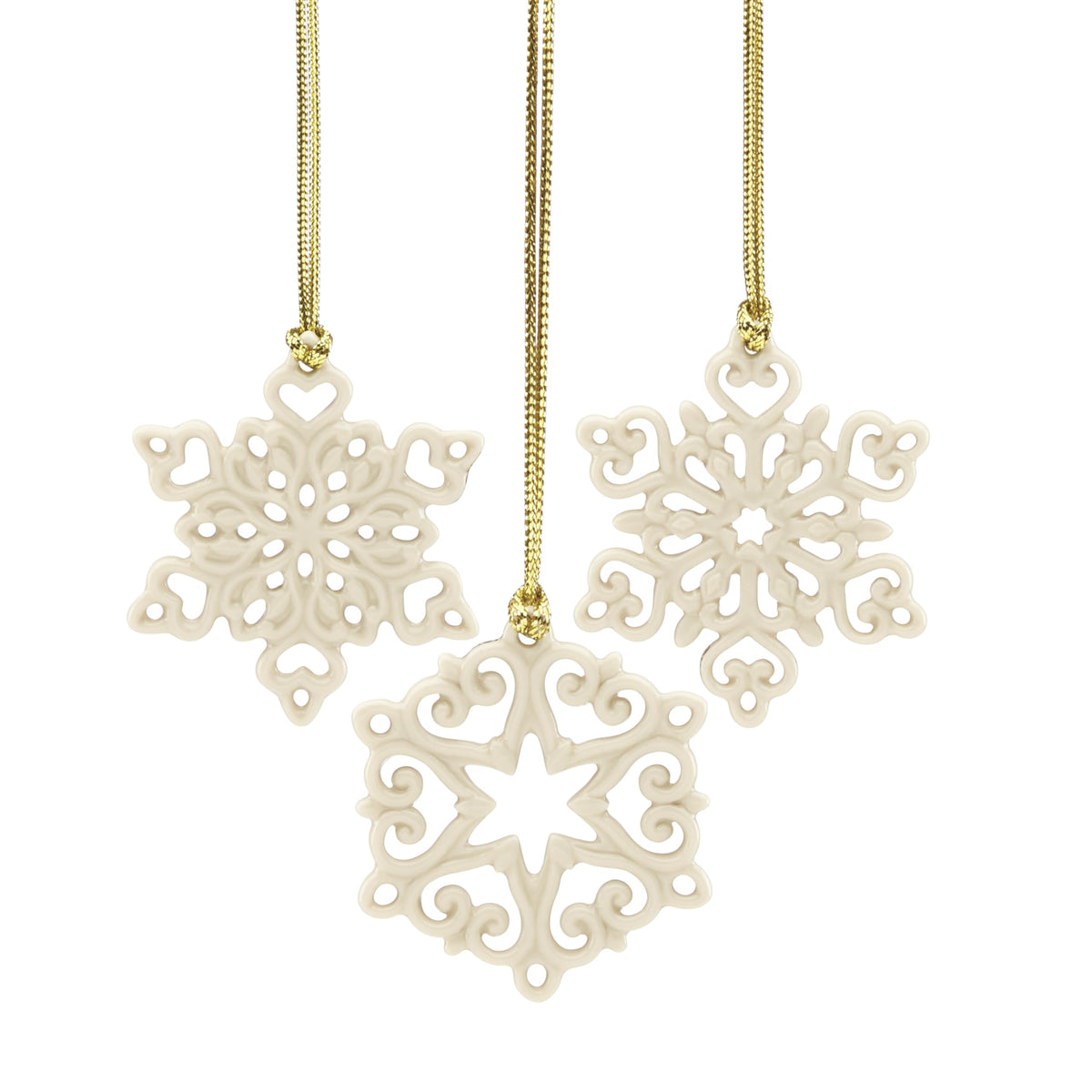 Lenox mini snowflake front view showing glossy porcelain and gold cord, elegant addition