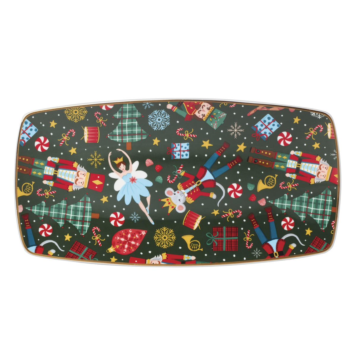 Lenox tray front view showing festive Nutcracker artwork and elegant presentation benefit