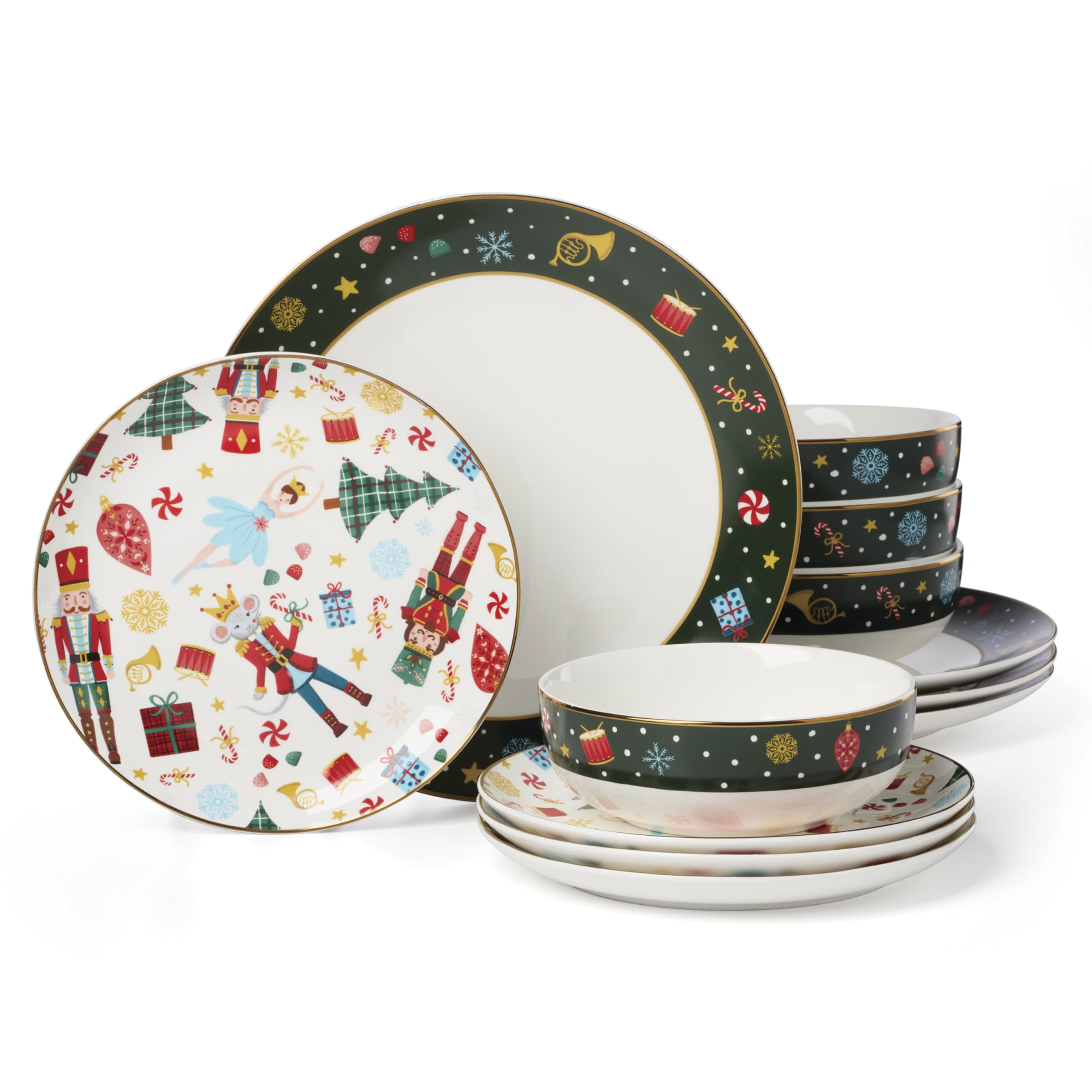 Lenox porcelain set front view showing plates and bowls with festive imagery