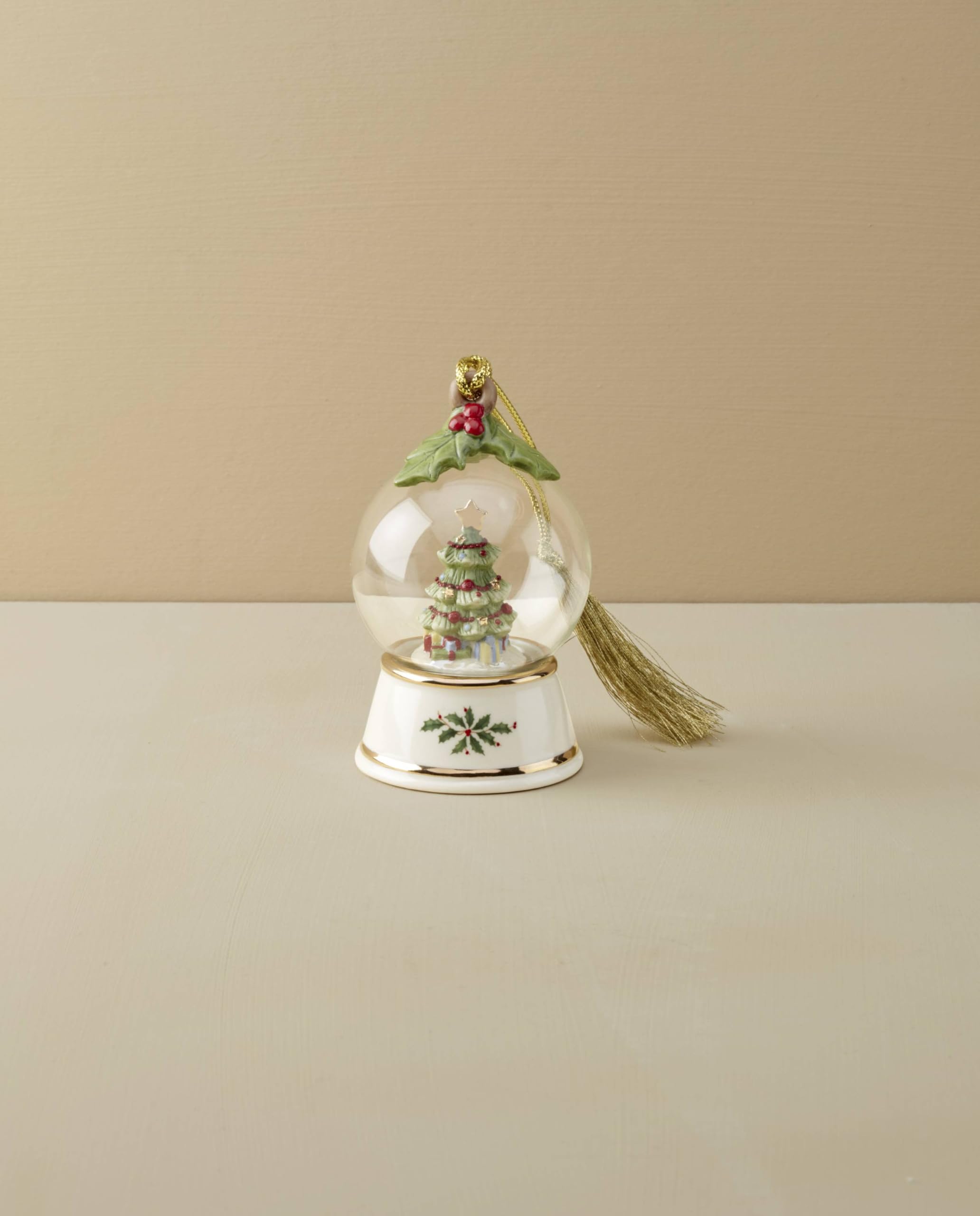 Lenox close-up of miniature tree inside globe, reveals delicate painted details