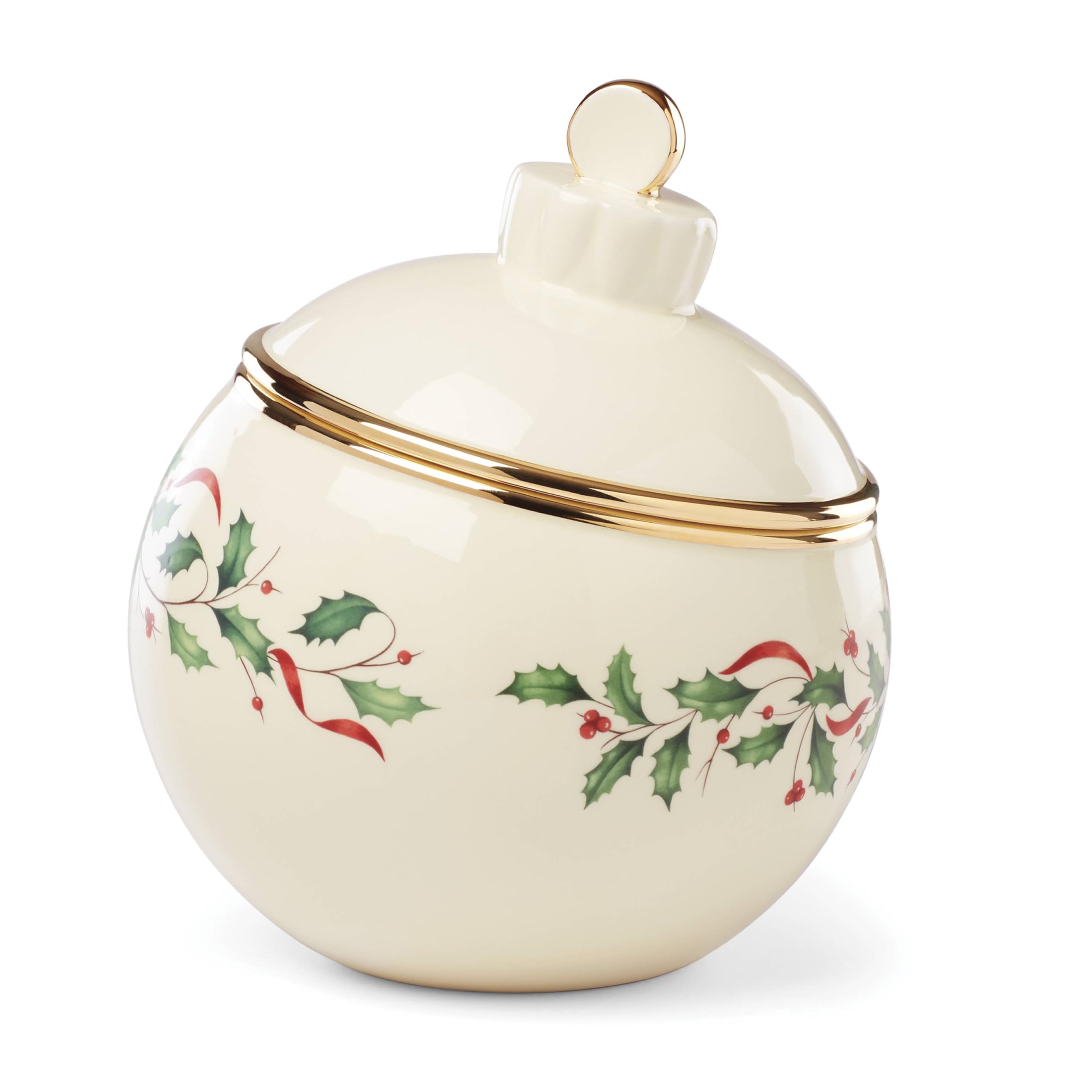 Lenox ornament-shaped cookie jar front view showing holly motif and elegant finish