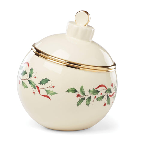 Lenox ornament-shaped cookie jar front view showing holly motif and elegant finish