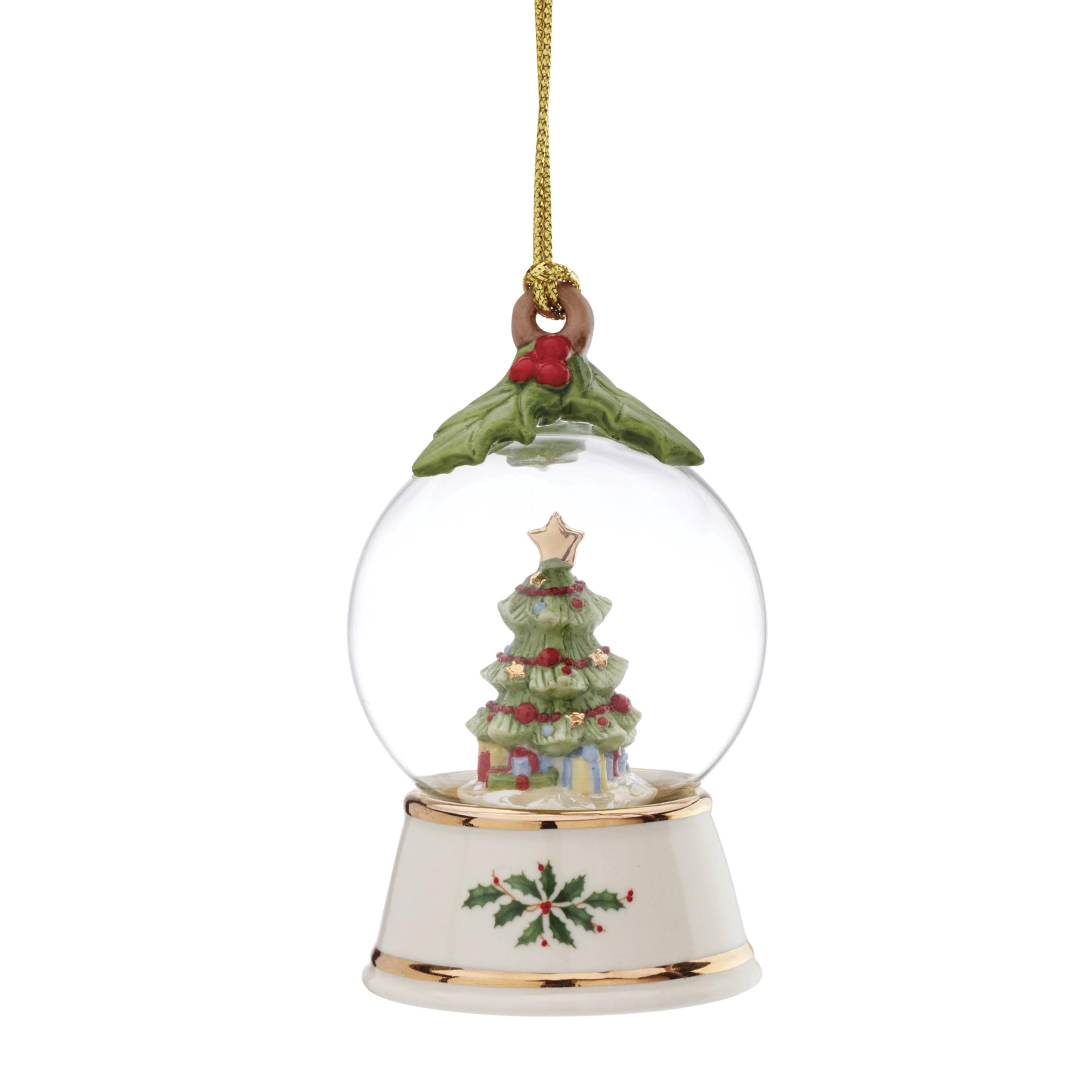 Lenox ornament front view showing globe and gold cord, highlights festive detail