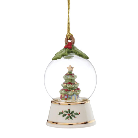 Lenox ornament front view showing globe and gold cord, highlights festive detail