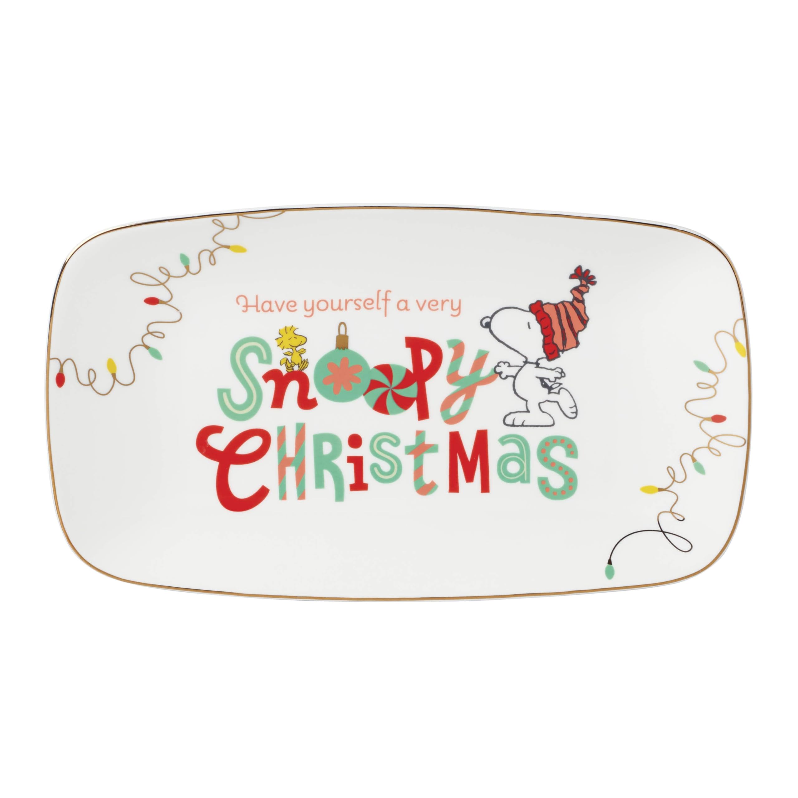 Lenox Snoopy front view showing festive artwork and serving surface