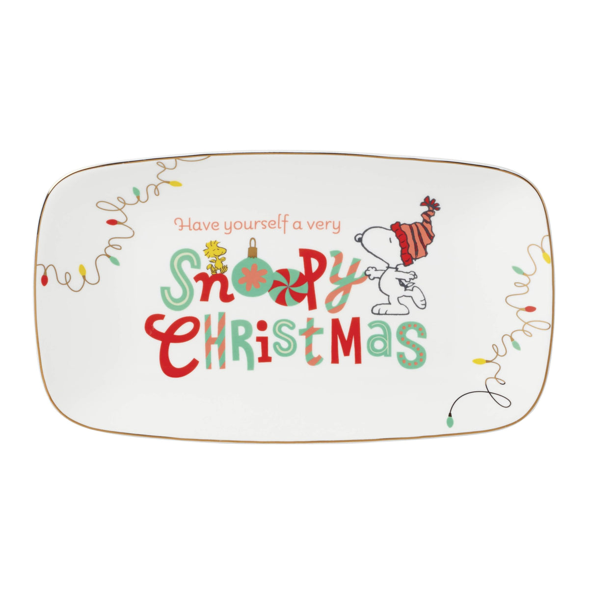 Lenox Snoopy front view showing festive artwork and serving surface