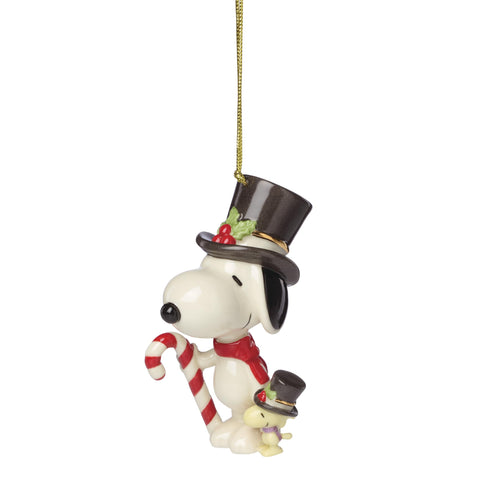 Lenox Snoopy and Woodstock front view showing smiling characters and candy cane charm