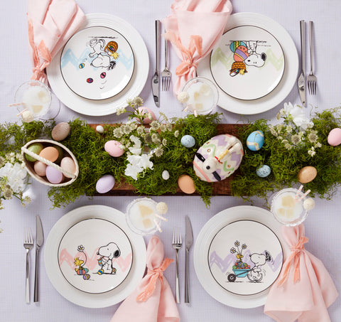 Lenox Snoopy and Woodstock on Easter table demonstrating festive presentation