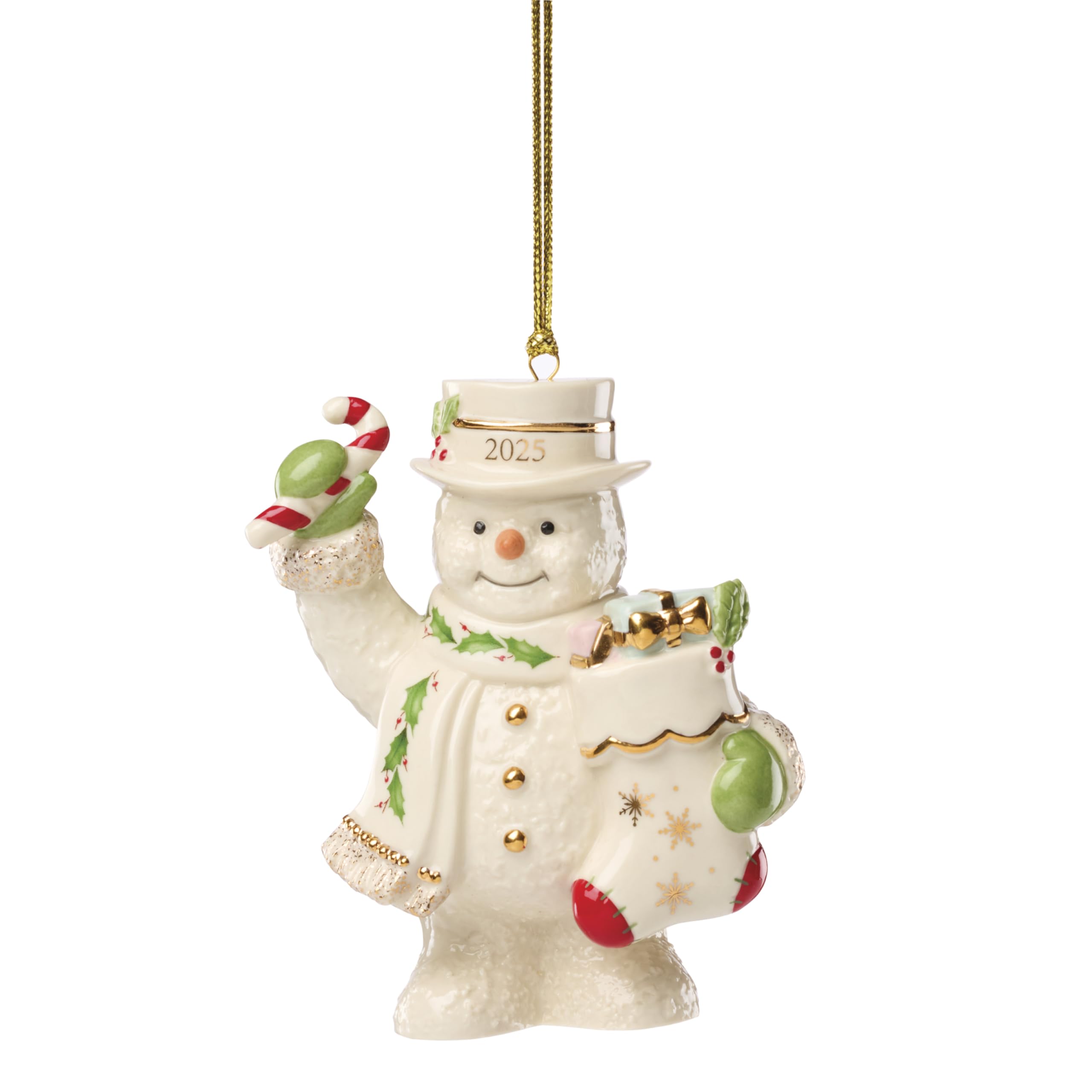 Lenox snowman front view showing smiling face and stocking, elegant holiday accent