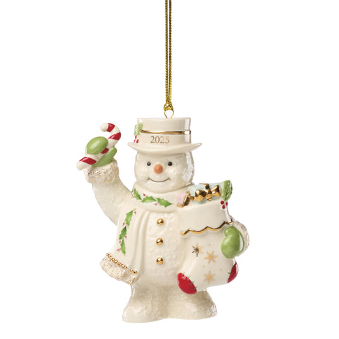 Lenox snowman front view showing smiling face and stocking, elegant holiday accent