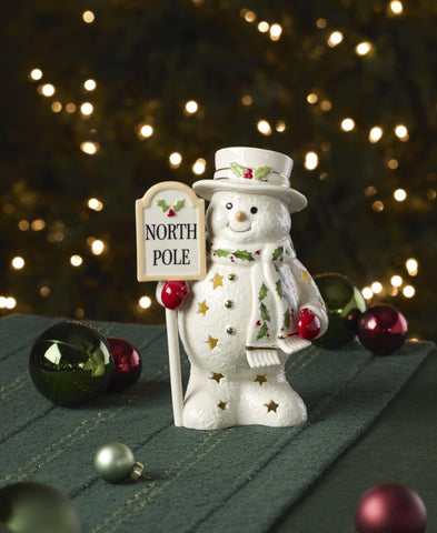 Lenox snowman illuminated on mantel providing warm ambient holiday lighting