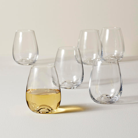 Lenox stemless glass side profile pair demonstrating balanced shape