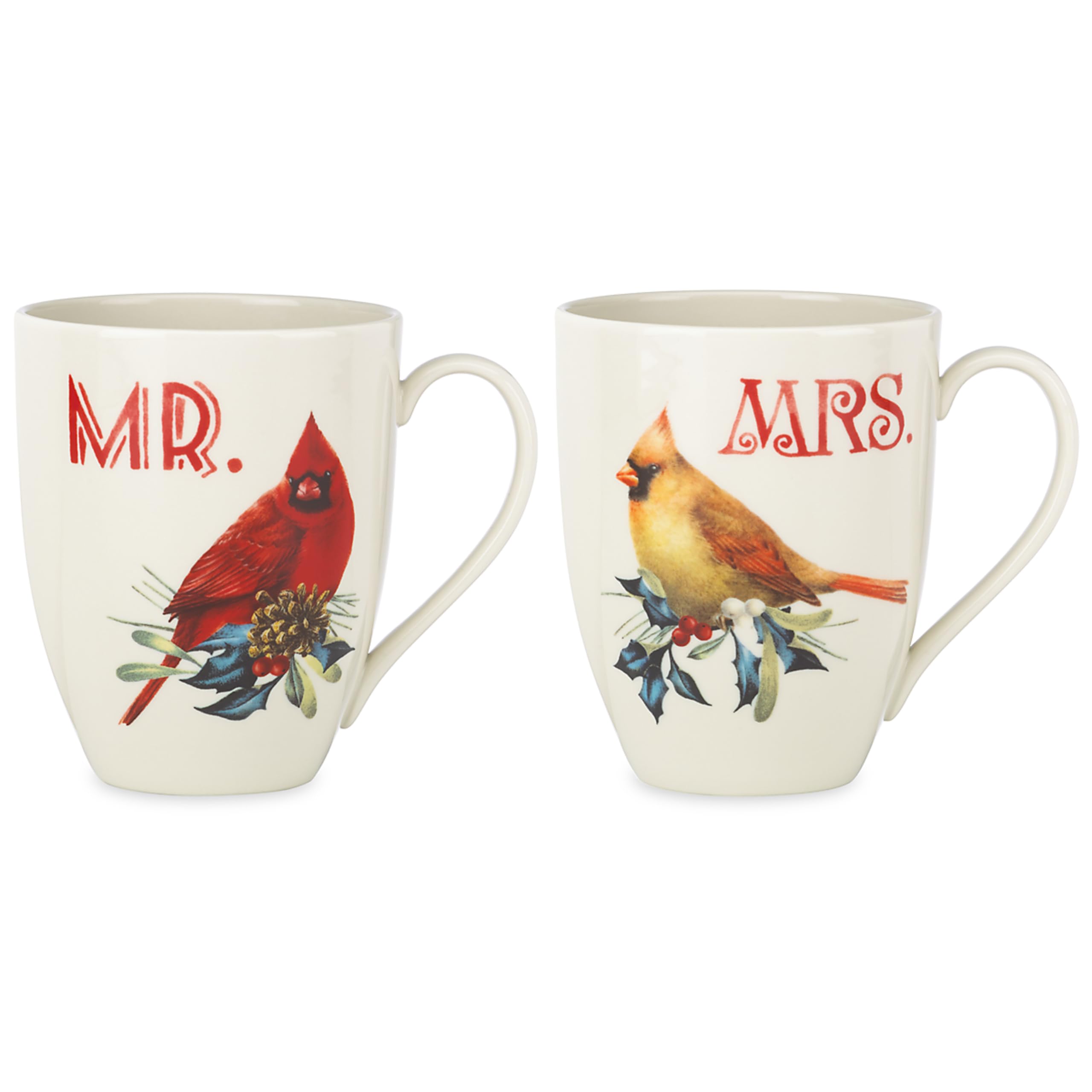 lenox front packaging mug set showing festive cardinals and evergreen boughs, perfect holiday gift