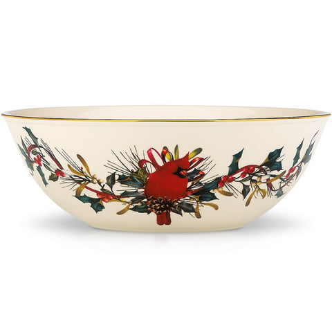 Lenox serving bowl front view showing cardinal and holly wreath for festive serving
