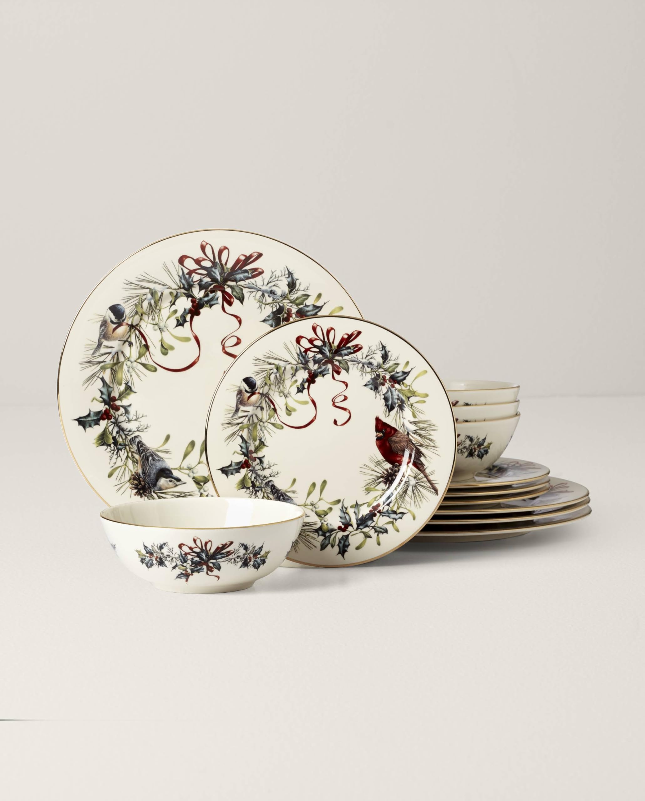 Lenox winter greetings salad plate and bowl stacked to show coordinated design and storage benefit