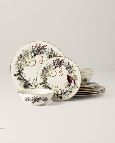 Lenox winter greetings salad plate and bowl stacked to show coordinated design and storage benefit