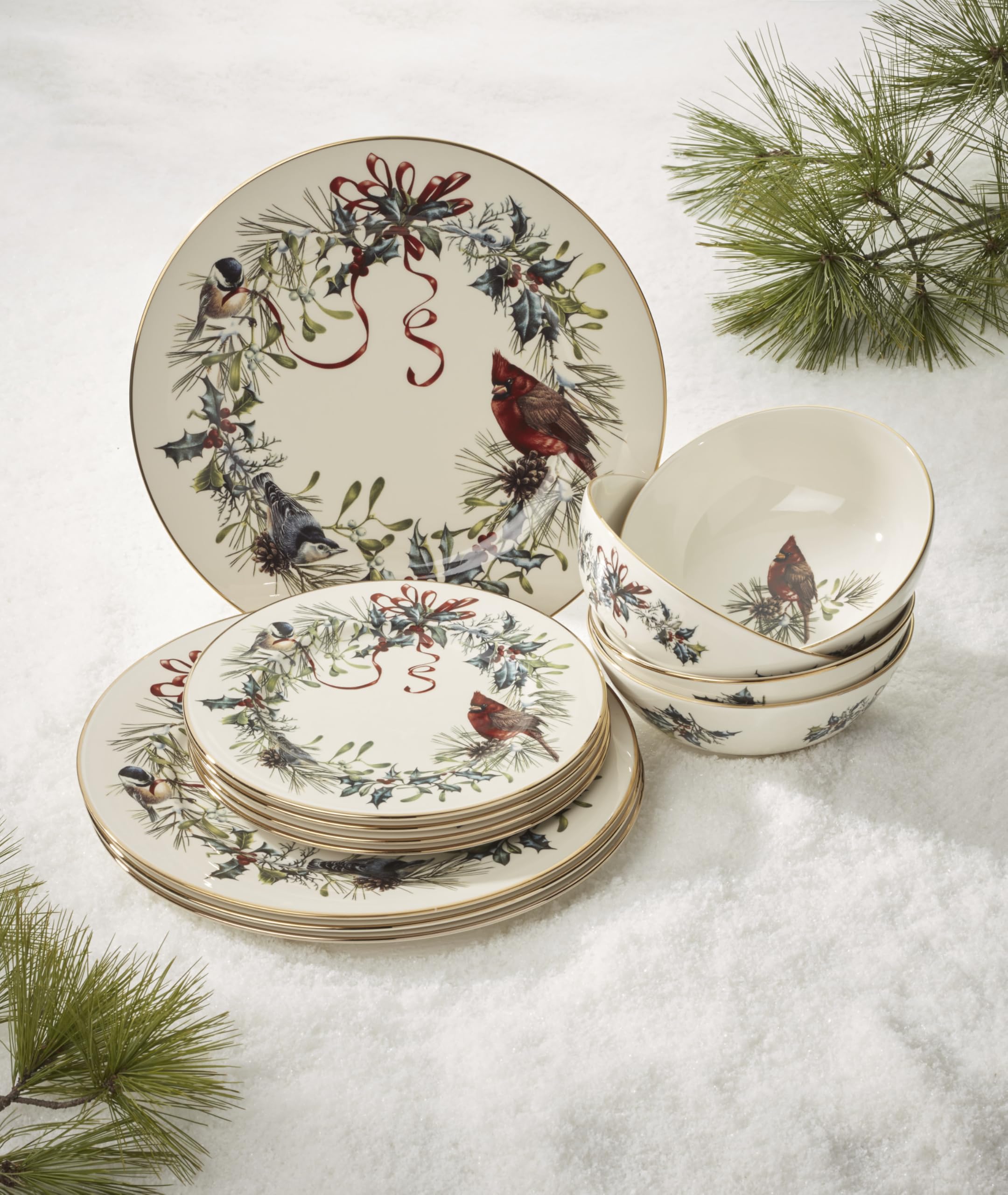 Lenox winter greetings table setting lifestyle with set used for a holiday meal and cohesive look