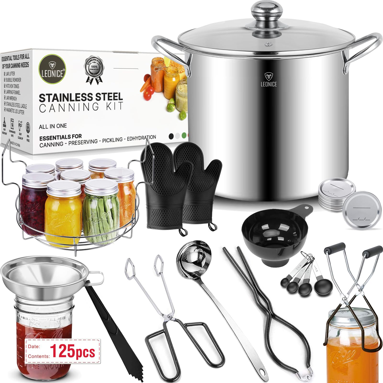 LEONICE canning pot front view showing capacity and sturdy base benefit