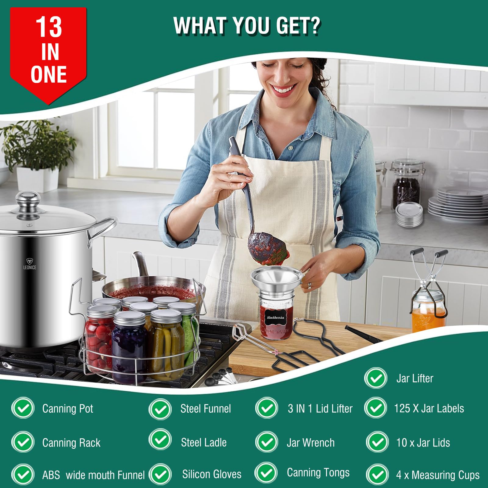LEONICE full kit layout showing included tools for convenient canning benefit
