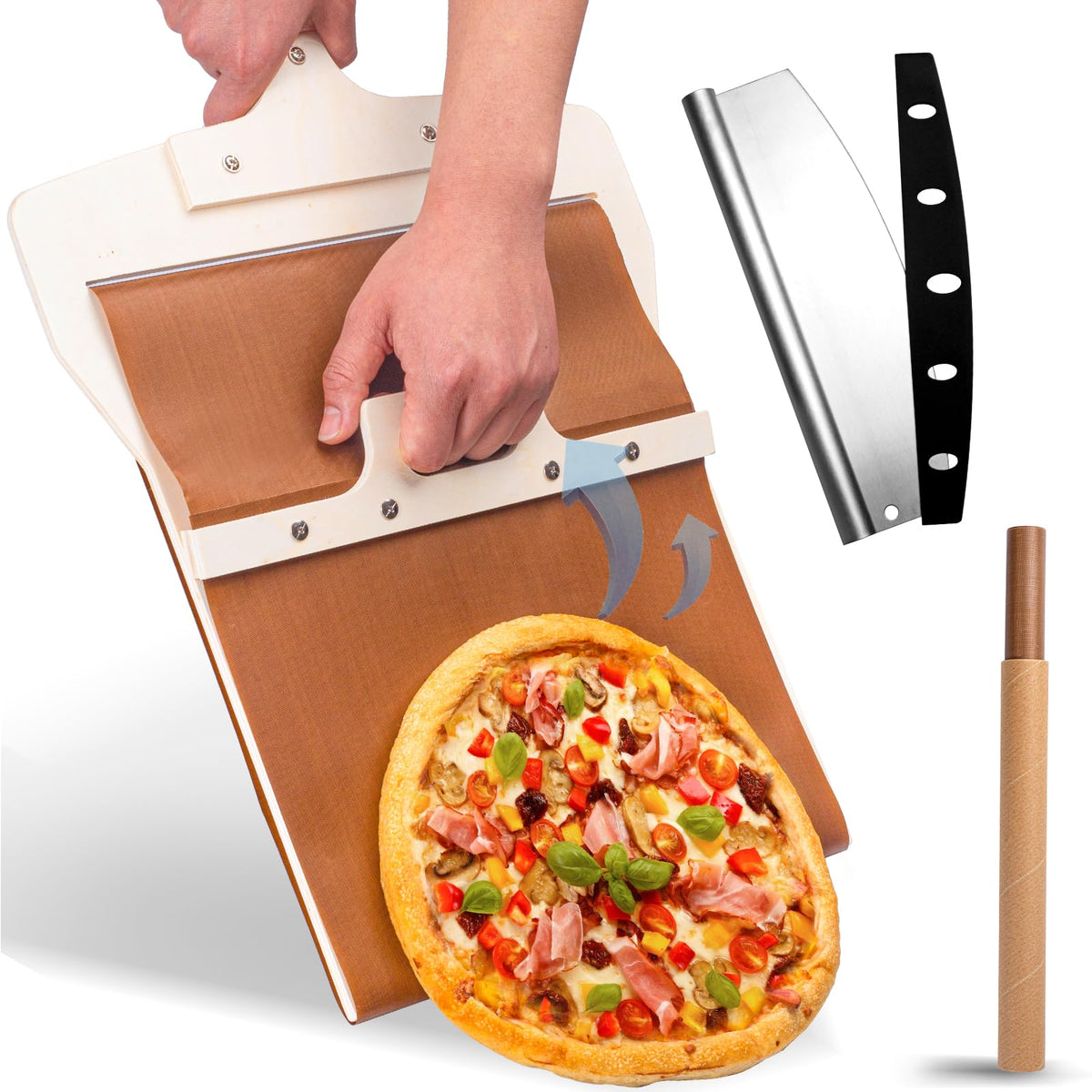 Leozzo front view 12-inch peel showing balanced wooden surface and easy transfer