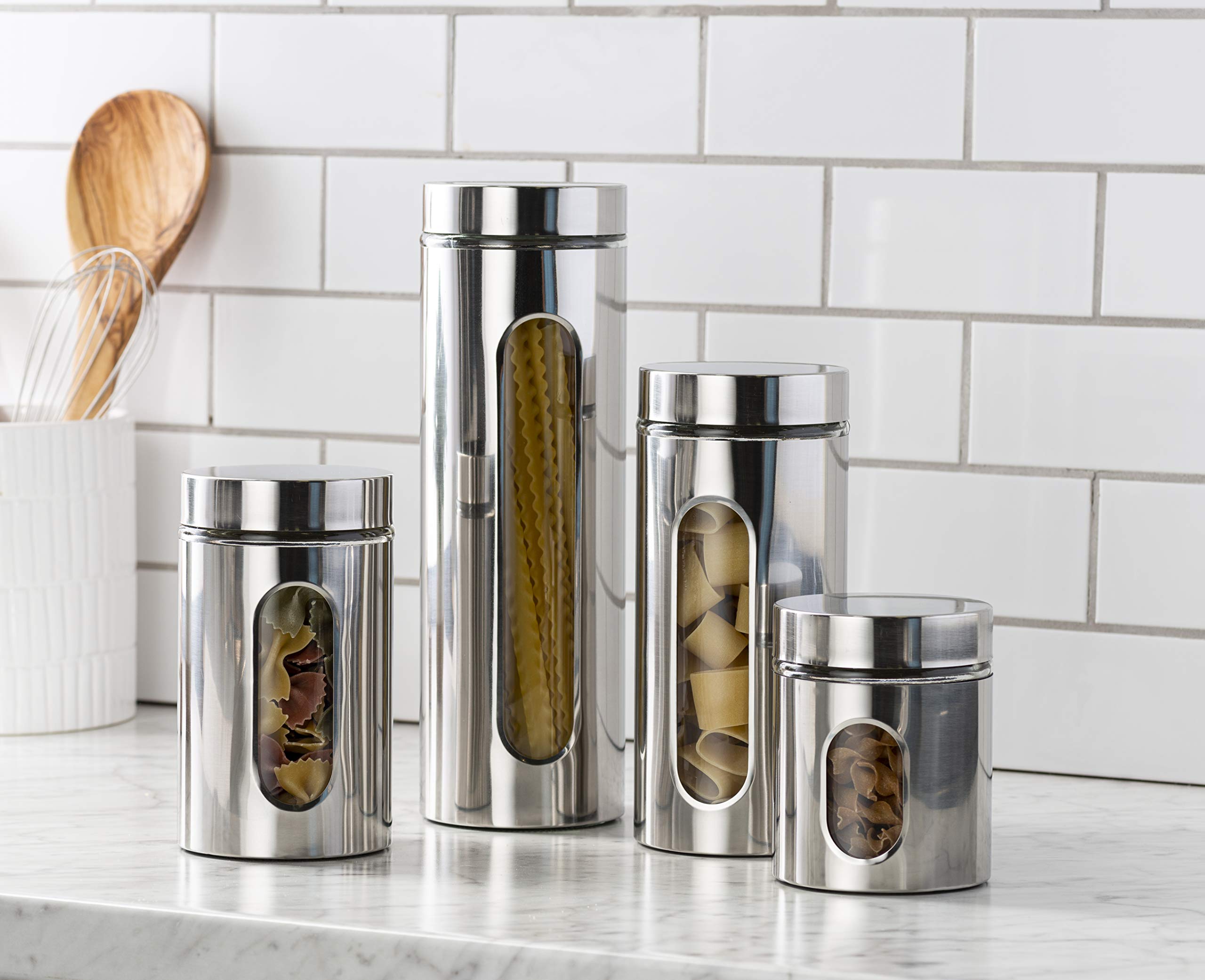 Le'raze canisters arranged on a pantry shelf for neat organization