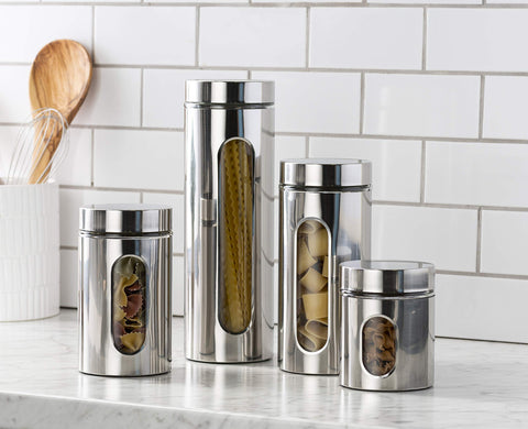 Le'raze canisters arranged on a pantry shelf for neat organization