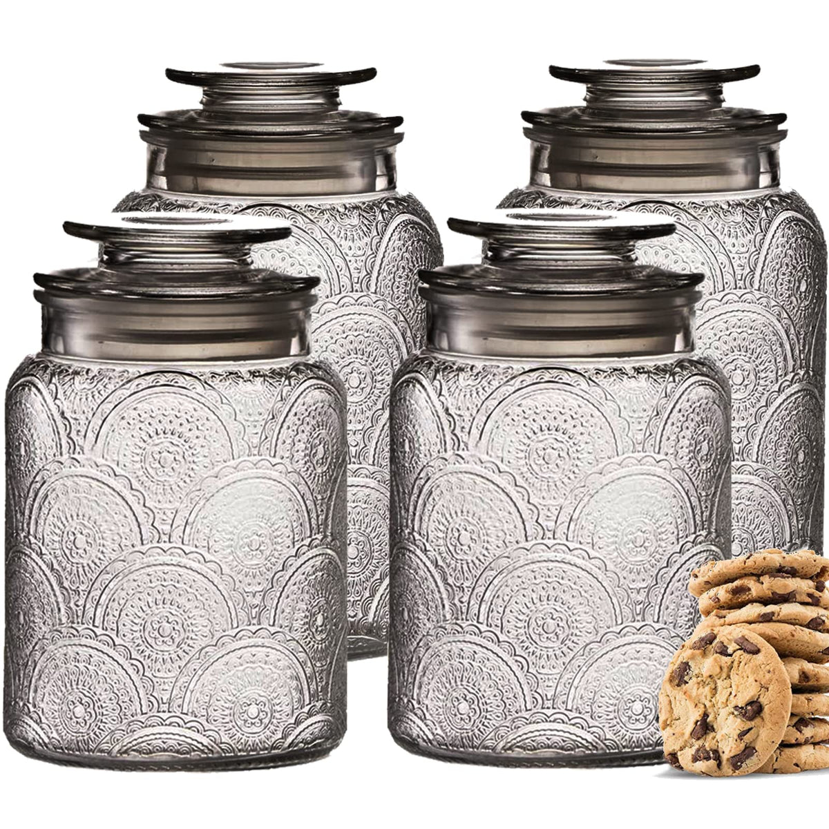 Le'raze front view of four glass canisters showing neat countertop storage benefit