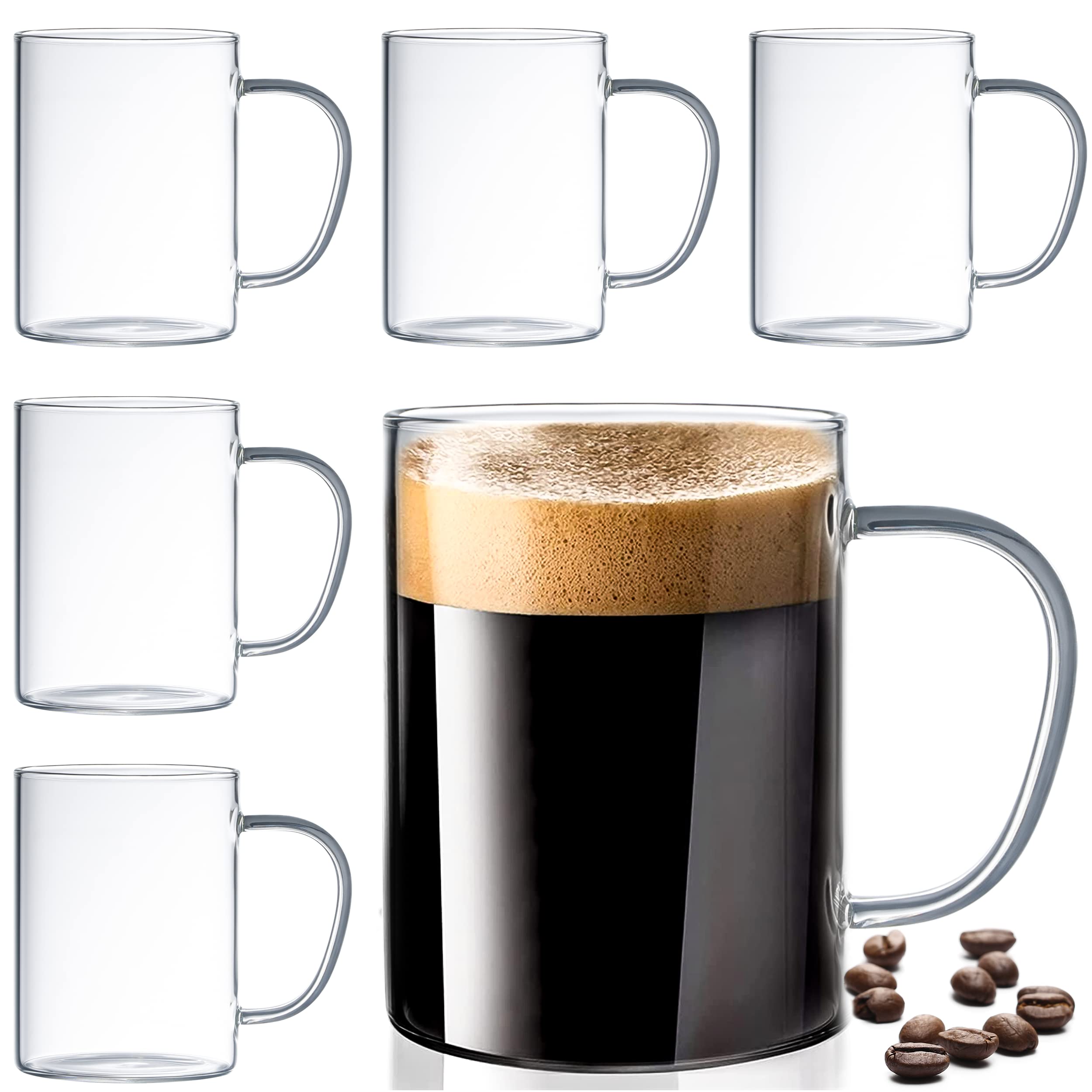 Le'raze front view of six clear glass mugs showing premium packaging and style benefit