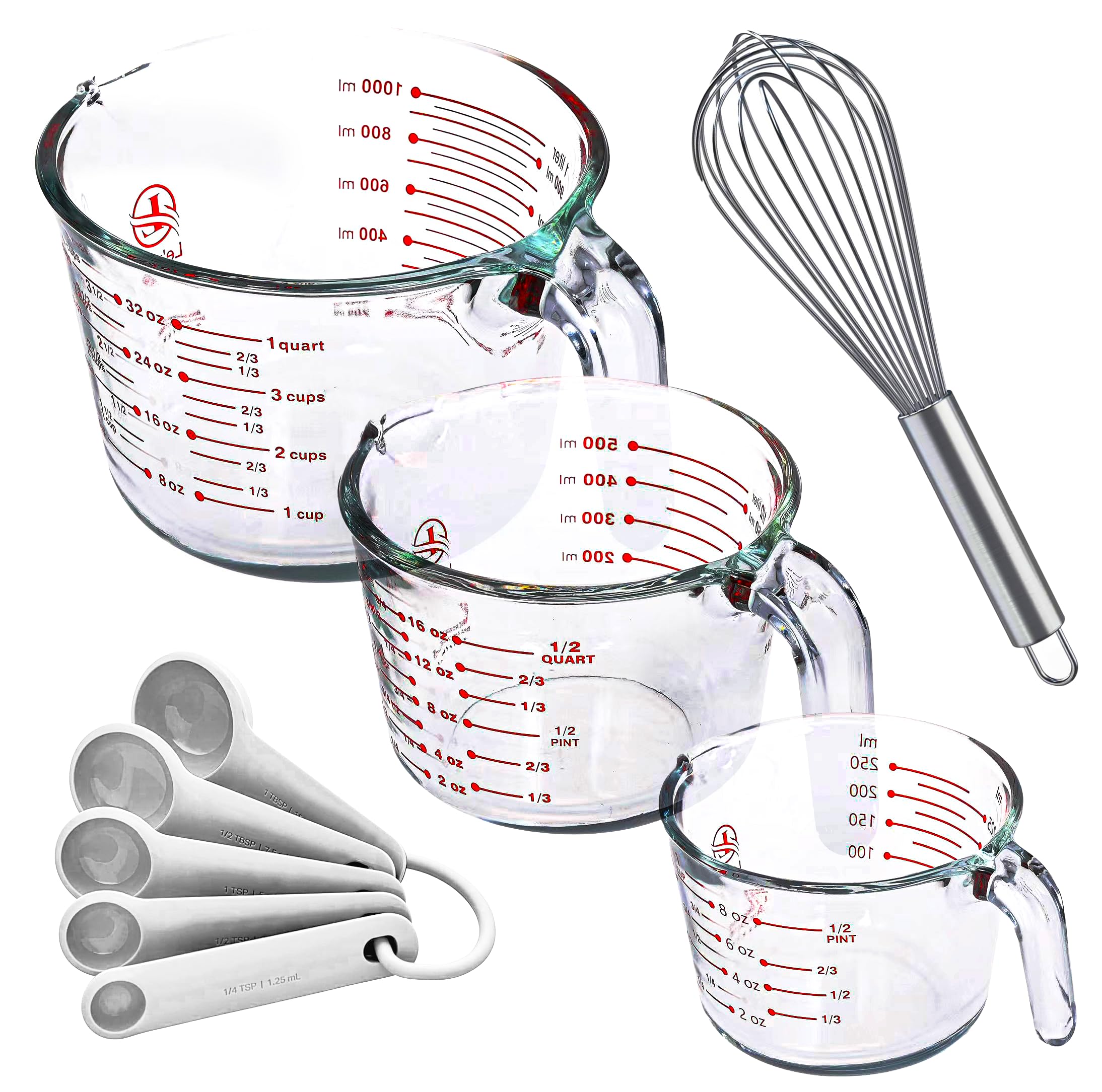 Le'raze front view of all three glass measuring cups showing clarity and complete set