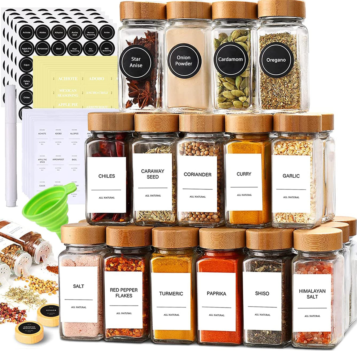 Le'raze front view showing 24 glass spice jars for tidy kitchen storage