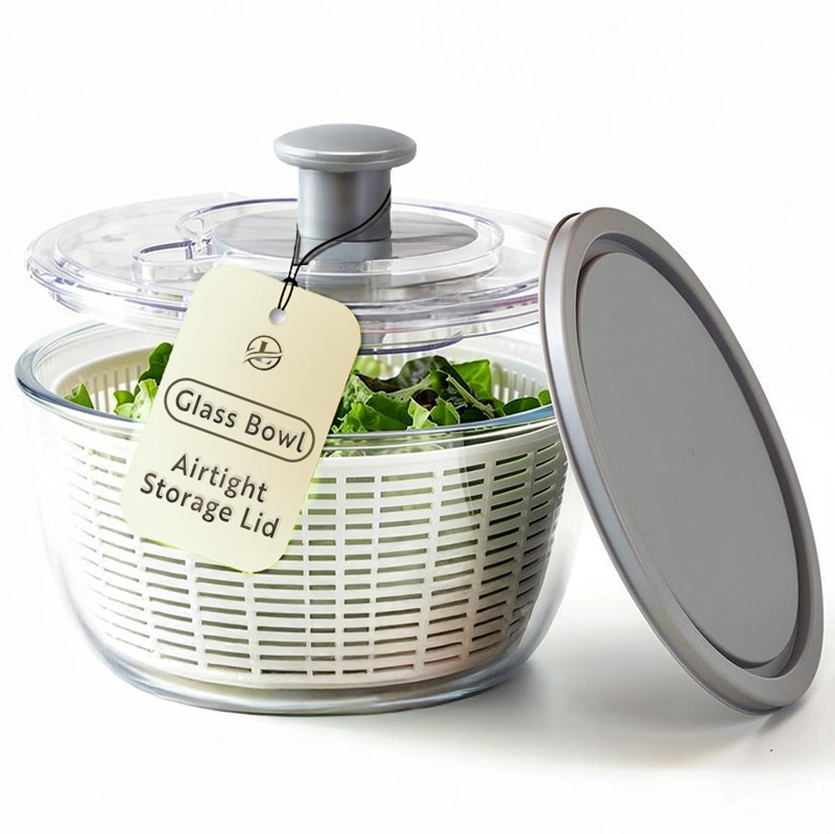 Le'raze front view glass salad spinner shows elegant bowl and lid, great for serving