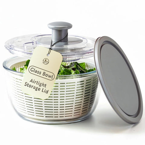 Le'raze front view glass salad spinner shows elegant bowl and lid, great for serving