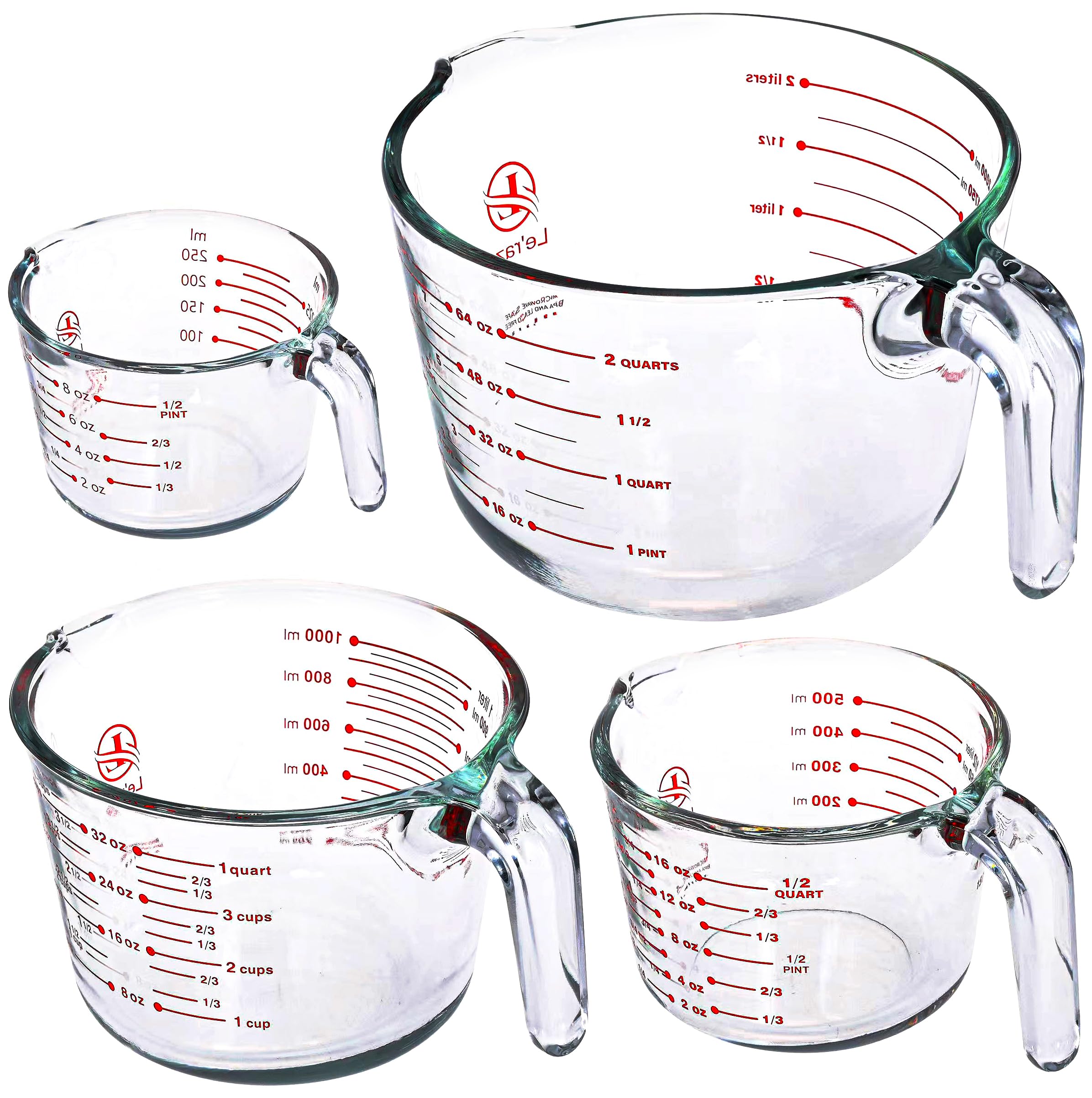 Le'raze front view showing set of four cups and clear measurements for precision