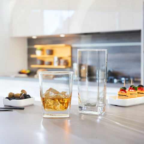 Le'raze paired tall and short glasses on table demonstrating matching set benefit