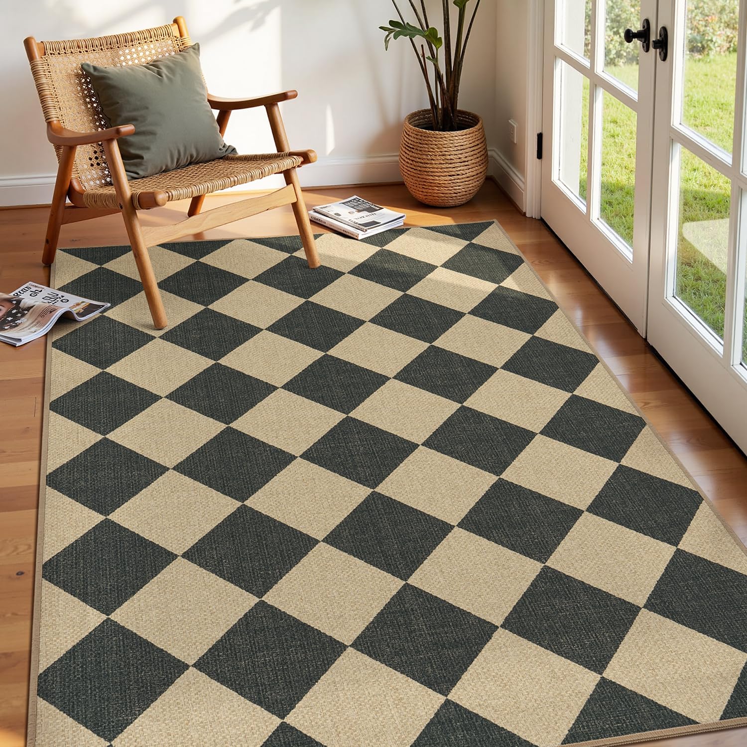 Lessymo front view of checkered rug showing classic pattern and welcoming entry benefit