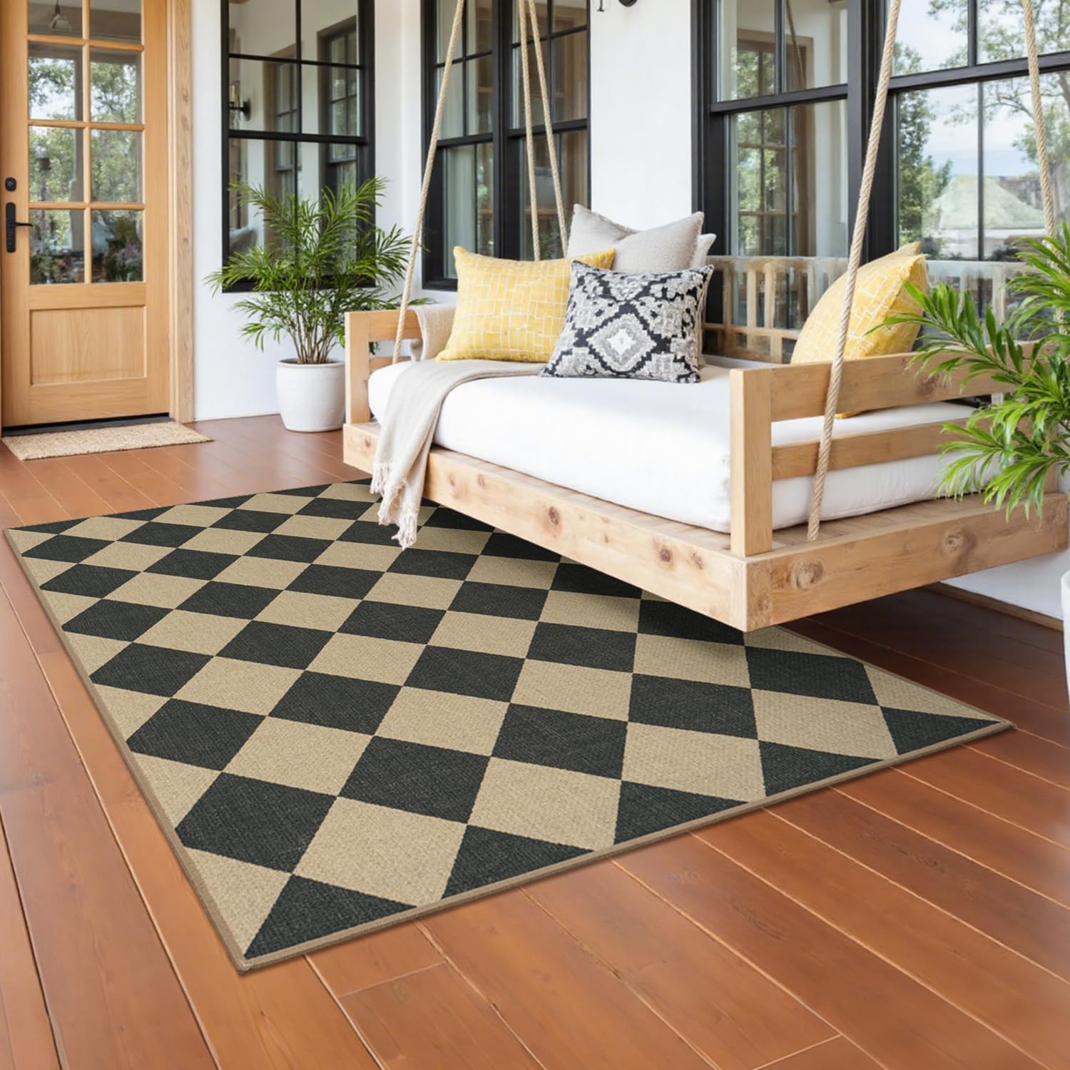 Lessymo rug styled on a porch showing weather-ready, farmhouse aesthetic benefit